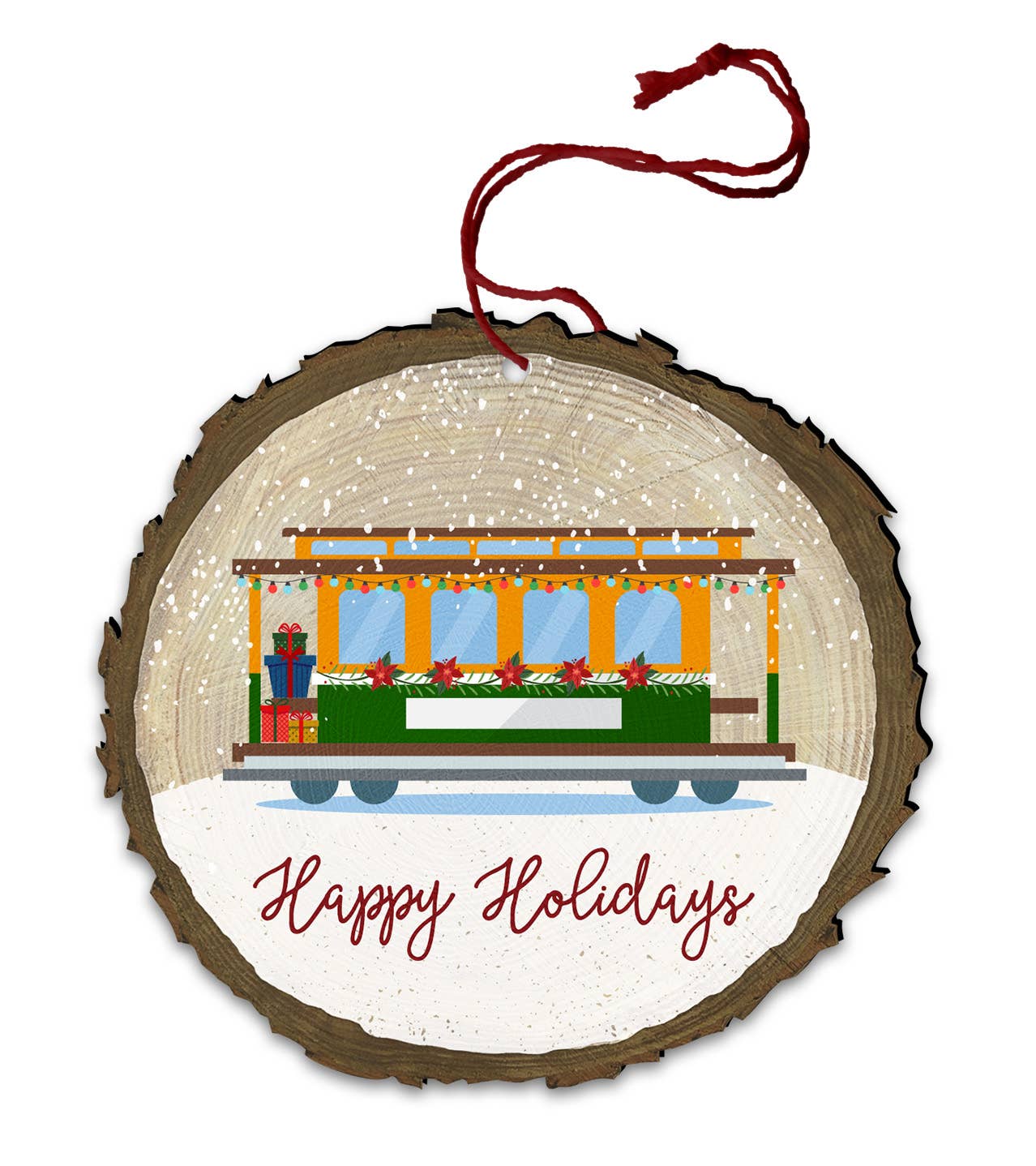 Trolley "Tis the Season" Vintage Log End Wood Ornament