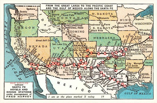 Postcard RS-71 US Map Showing Harvey Hotels