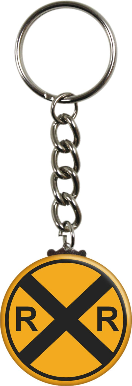 Keychain - Railroad Train Crossing - Round Yellow Sign