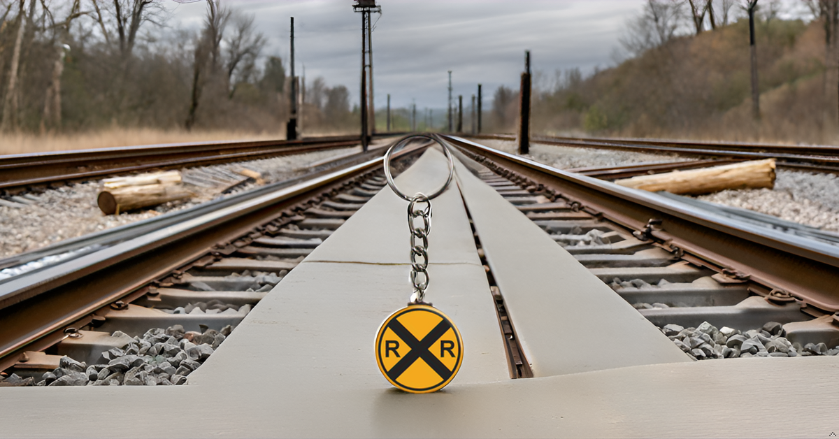 Keychain - Railroad Train Crossing - Round Yellow Sign